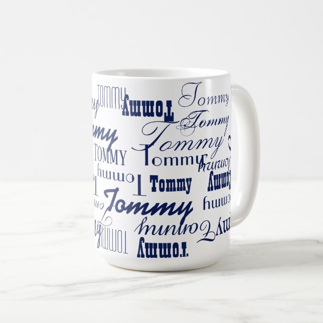 Repeating Blue Name All Over White Coffee Mug (Front Right)