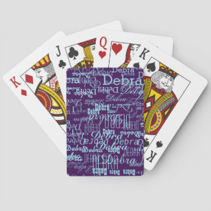 Repeating Blue Names All Over Purple Playing Cards