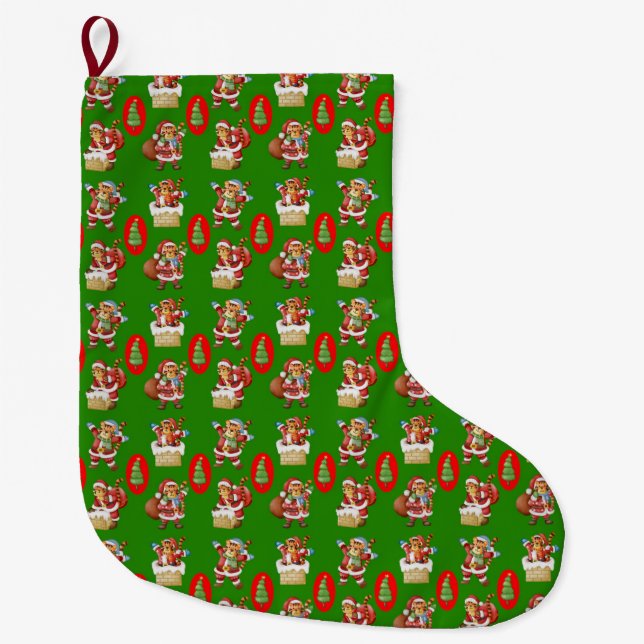 Repeating Christmas pattern featuring tigers as Sa Large Christmas Stocking (Front)