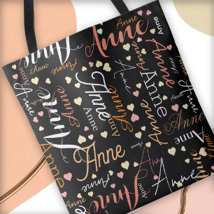 Repeating Colour Name and Hearts all over black Tote Bag