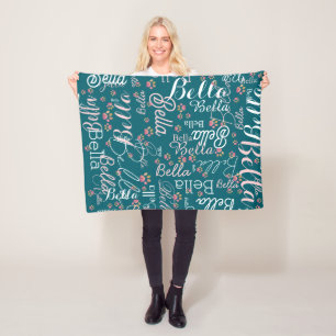 Repeating Dog Name all over teal blue Fleece Blanket