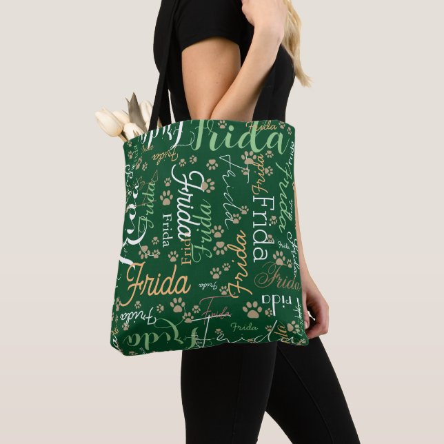Repeating Dog Name and Paw Prints all over Green  Tote Bag (Close Up)