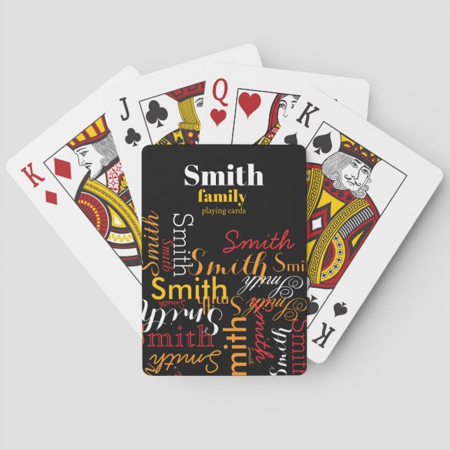 Repeating Family Name Typography Black Playing Cards (Back)