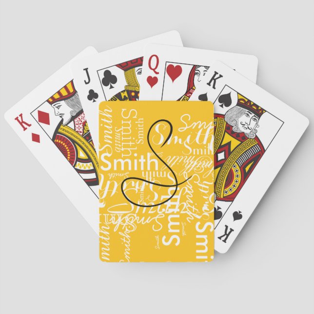 Repeating Family Name Yellow Monogrammed Playing Cards (Back)