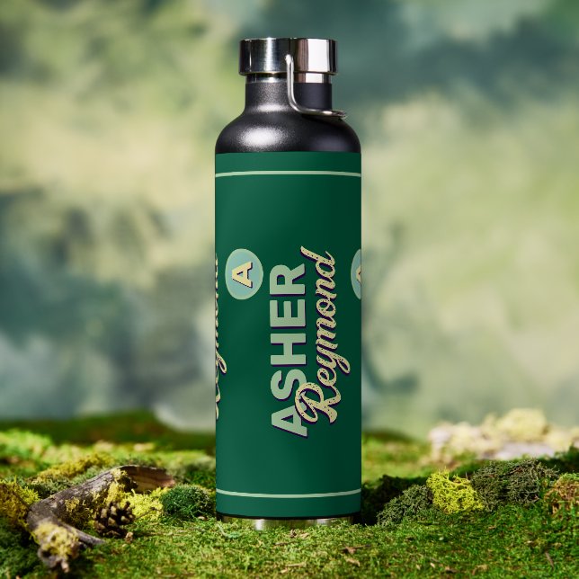 Repeating First & Last Name | Monogram on Green  Water Bottle (Outdoor)