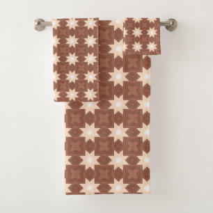 Repeating geometric pattern brown and white star bath towel set