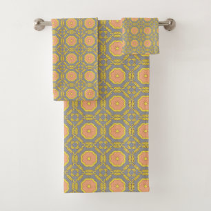 repeating geometric pattern with orange and yellow bath towel set