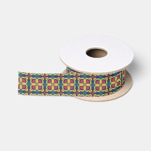 Repeating geometric pattern with red and yellow satin ribbon