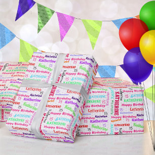 Repeating Girl's NAME Age Happy Birthday Cute Wrapping Paper