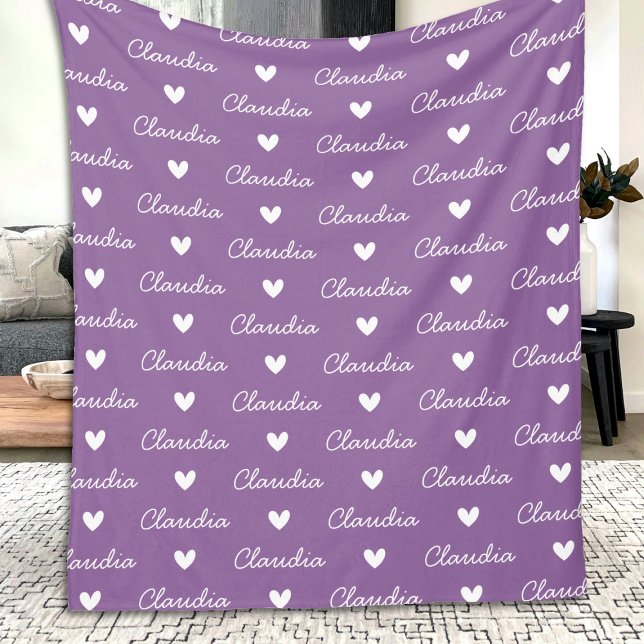 Repeating Girls Name Purple White Love Heart  Fleece Blanket (Creator Uploaded)
