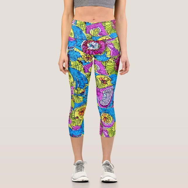 Repeating mosaik hand drawn pattern Cute Blue Capri Leggings (Front)