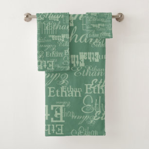 Repeating Name All Over Printed Dusty Green Bath Towel Set