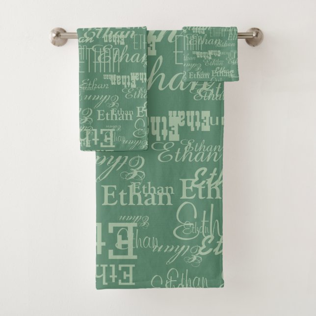 Repeating Name All Over Printed Dusty Green Bath Towel Set (Insitu)