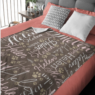 Repeating Name and Dog Paw allover grayish brown Fleece Blanket