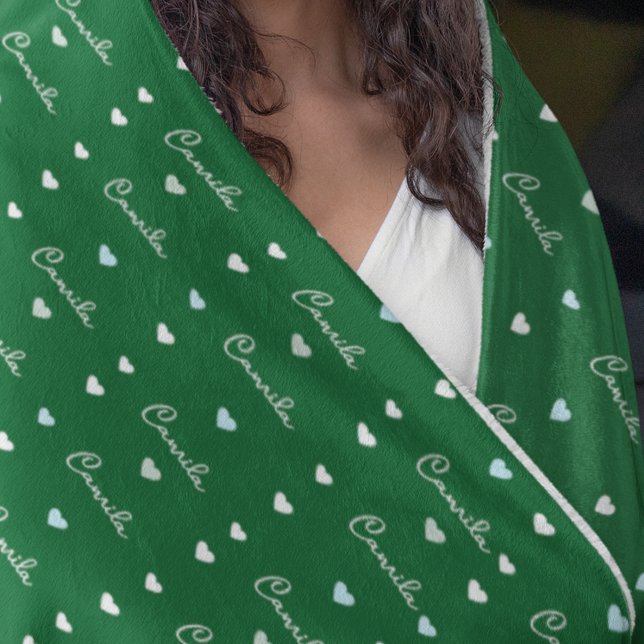 Repeating name and hearts emerald green fleece blanket (Creator Uploaded)