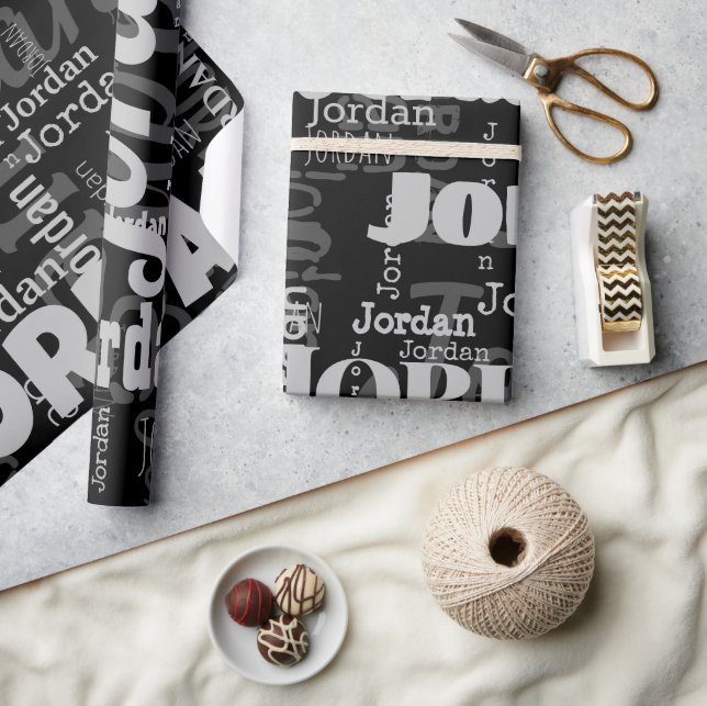Repeating Name Black Grey Modern Neutrals Fonts Wrapping Paper (Crafts)