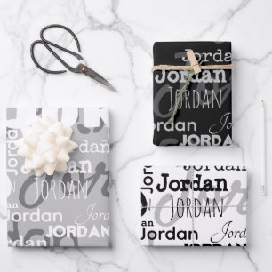 Repeating Name Black Grey White Modern Neutral Wrapping Paper Sheet