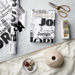 Repeating Name Black Grey White Modern Neutrals Wrapping Paper