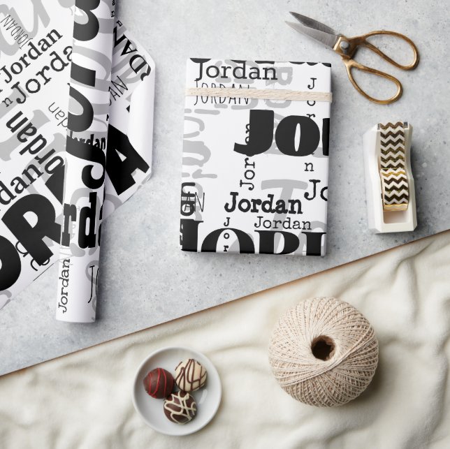 Repeating Name Black Grey White Modern Neutrals Wrapping Paper (Crafts)