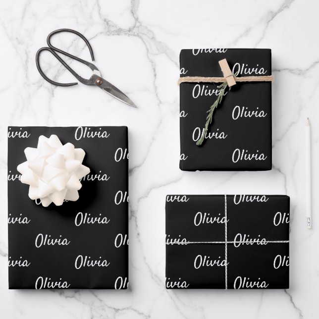 Repeating Name Black White Script Gift  Wrapping Paper Sheet (Front)