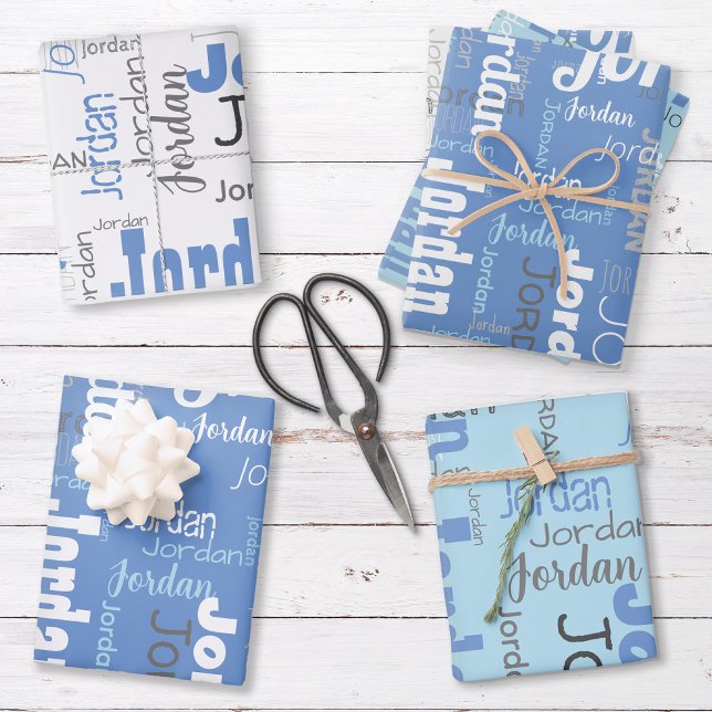 Repeating Name Cornflower Blue White Grey Wrapping Paper Sheet (Set includes three sheets - one of each color.)