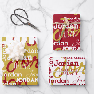Repeating Name Gold Red White Christmas Wrapping Paper Sheet
