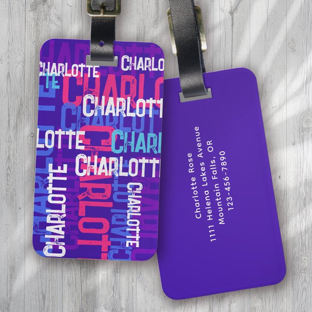 Repeating Name Graffiti Purple Kids Luggage Tag (Creator Uploaded)