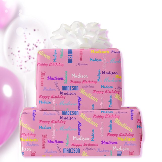 Repeating NAME Happy Birthday Girl's Pink Wrapping Paper (Creator Uploaded)