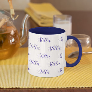 Repeating Name in Navy-Blue all over White Mug