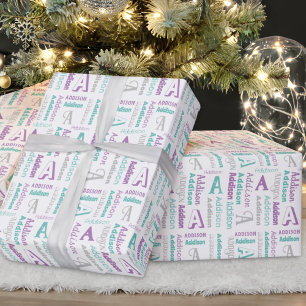 Repeating Name & Initial Grey Purple Teal Gift Wrapping Paper