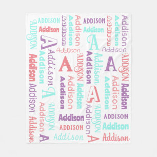 Repeating Name & Initial Pink Teal Purple Fleece Blanket