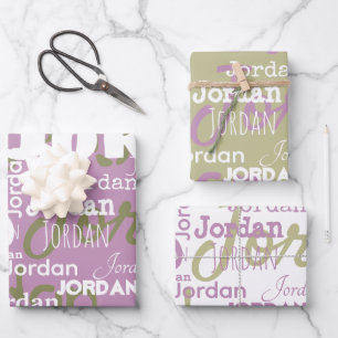 Repeating Name Lilac Sage Green White Modern Wrapping Paper Sheet