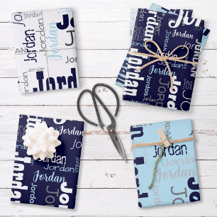 Repeating Name Navy Blue White Grey Wrapping Paper Sheet