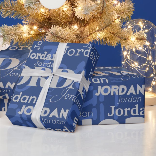 Repeating Name Pattern Blue and Silver Christmas Wrapping Paper (Holidays)