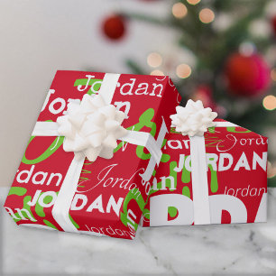 Repeating Name Pattern Green White Red Christmas Wrapping Paper