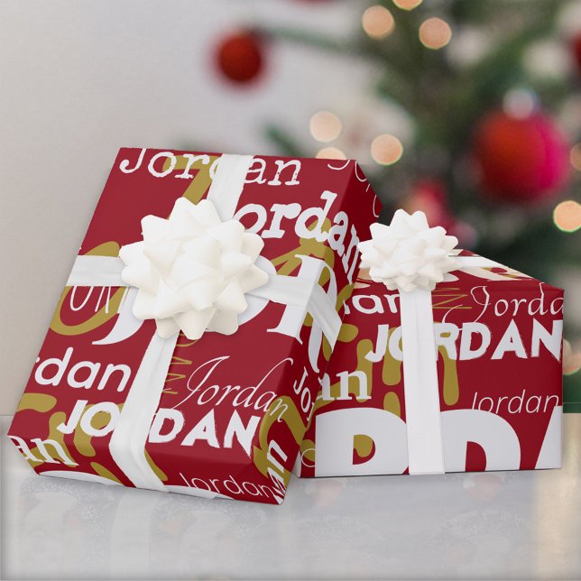 Repeating Name Pattern Red Gold White Christmas Wrapping Paper (Creator Uploaded)