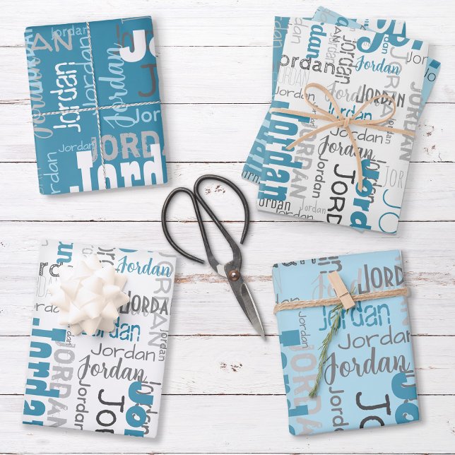 Repeating Name Personalised Blue White Grey Wrapping Paper Sheet (Set includes three sheets - one of each color.)