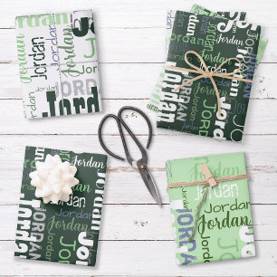 Repeating Name Personalised Green and White Wrapping Paper Sheet