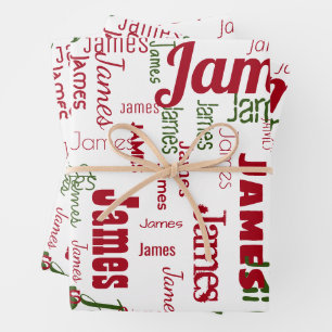 Repeating Name Personalised White Red Green Wrapping Paper Sheet