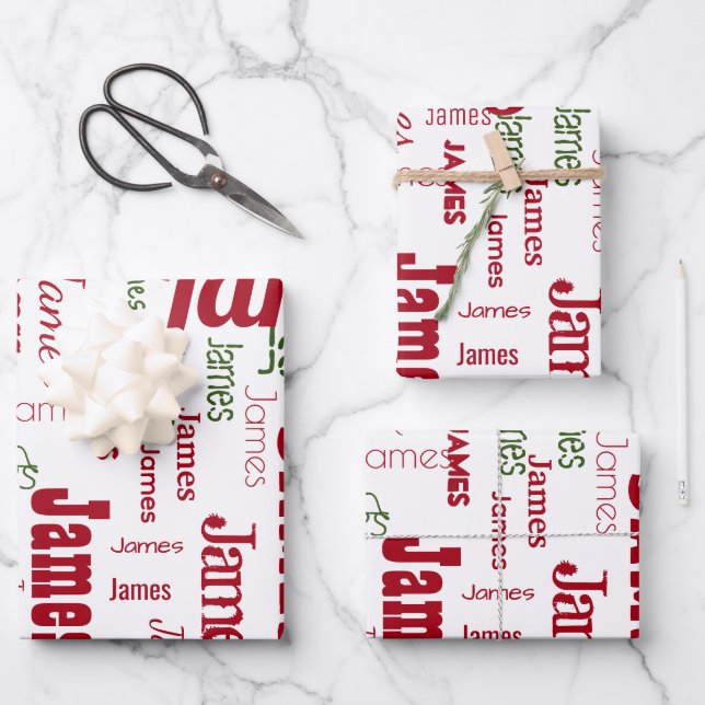 Repeating Name Personalised White Red Green Wrapping Paper Sheet (Front)