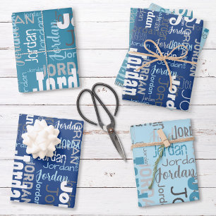 Repeating Name Personalized Shades of Blue Wrapping Paper Sheet