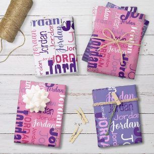 Repeating Name Pink and Purple Birthday Wrapping Paper Sheet