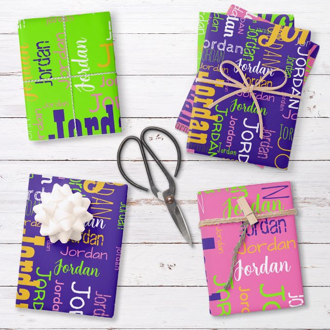 Repeating Name Purple Pink Chartreuse Green Wrapping Paper Sheet (Set includes three sheets - one of each color.)