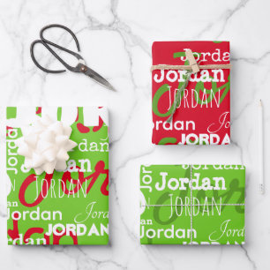 Repeating Name Red Green White Christmas Wrapping Paper Sheet
