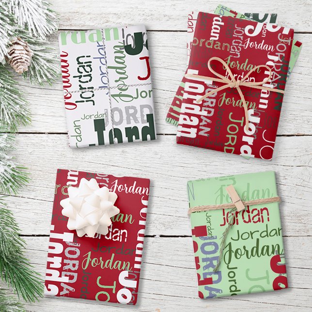 Repeating Name Red Green White Christmas Wrapping Paper Sheet (Creator Uploaded)