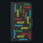 Repeating Names, Customised Samsung Galaxy S5 Wallet Case<br><div class="desc">This personalised wallet style case for the Samsung Galaxy S5 is decorated with a name, repeating in different fonts and primary colours. What a wonderful complement for your new cell phone. Colours are red, blue, green, and yellow on a black background. It is easy to change name - change in...</div>