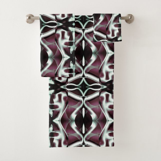 Repeating opaque red and gradient curves bath towel set (Insitu)