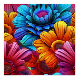 Repeating pattern of 3d colourful flowers poster