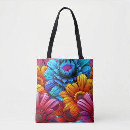 Repeating pattern of 3d colourful flowers tote bag