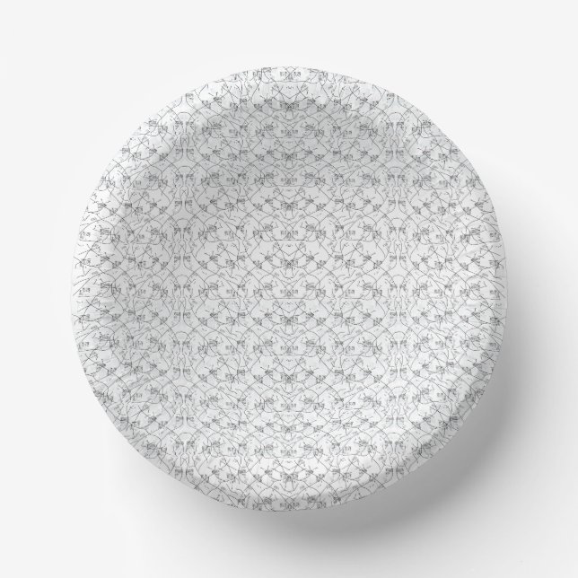 Repeating pattern of small, stylised shapes on a w paper plate (Front)